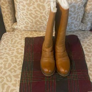 Tan leather wide calf fur lined boots